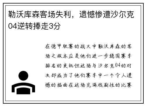 勒沃库森客场失利，遗憾惨遭沙尔克04逆转捧走3分
