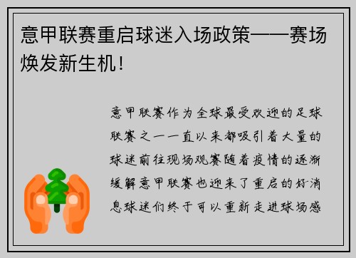 意甲联赛重启球迷入场政策——赛场焕发新生机！
