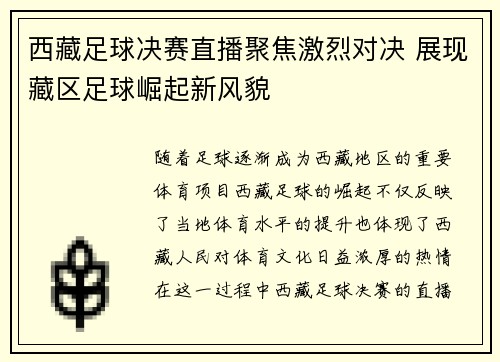 西藏足球决赛直播聚焦激烈对决 展现藏区足球崛起新风貌