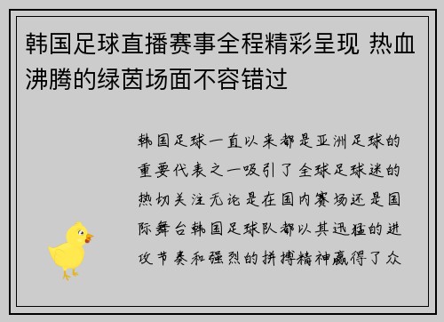 韩国足球直播赛事全程精彩呈现 热血沸腾的绿茵场面不容错过